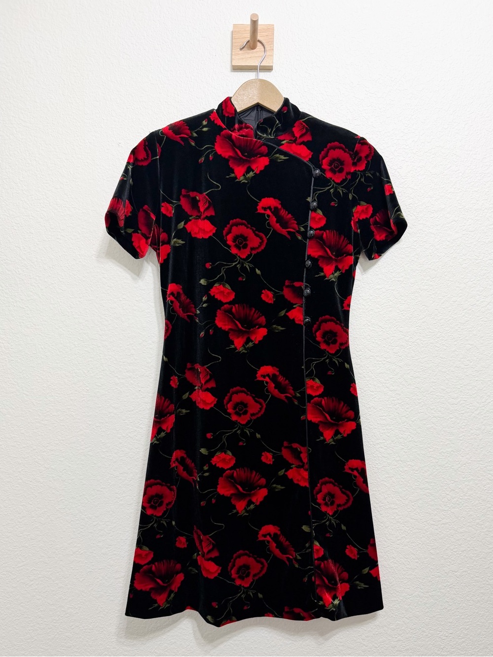 Vintage 90s Velvet Floral Print Mandarin Collar Dress Asian Inspired